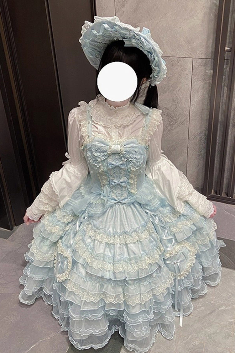Blue Sweetheart Diary Multi-Layered Ruffle Hanayome Embroidery Bowknot Lace Sweet Lolita Jsk Dress