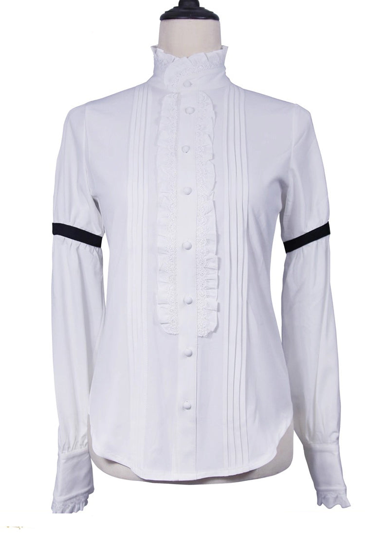 White Eternal Rose Knight Stand Collar Long Sleeves Ruffle Vintage Elegant Prince Handsome Lolita Blouse