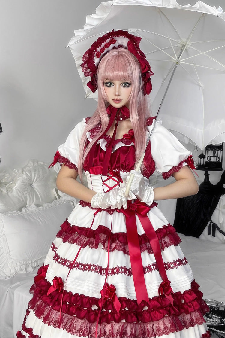 White/Red Layered Red Velvet Short Sleeves Ruffle Bowknot Lace Sweet Lolita Dress