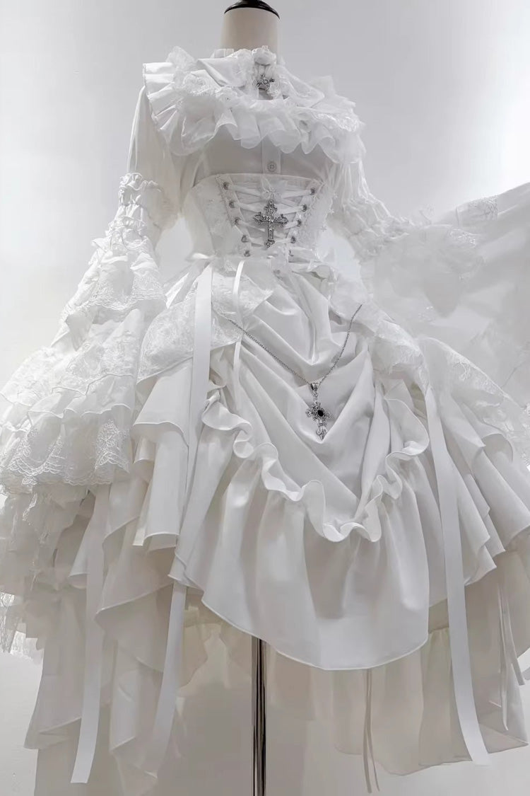 White Eternal Taboo Long Hime Sleeves Ruffled Bow Gothic Lolita Skirt Dress Set