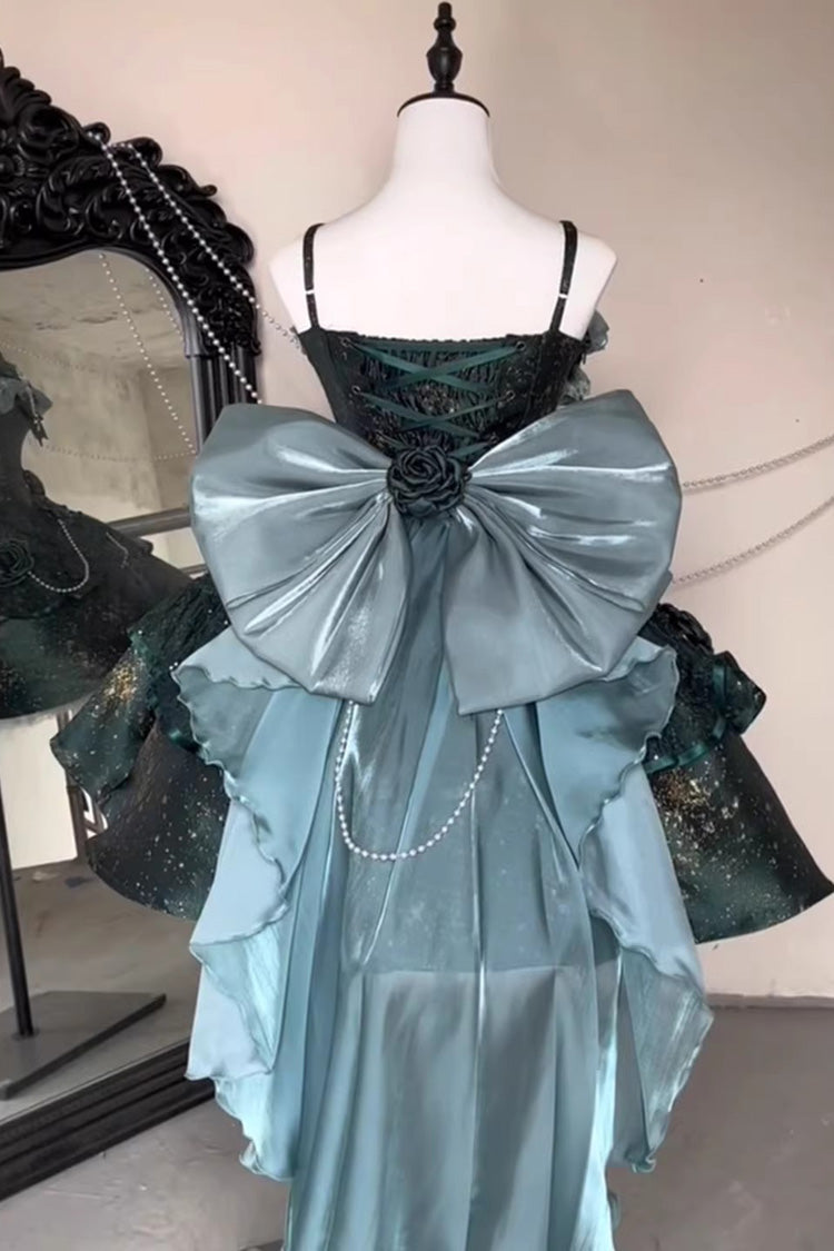 Cosmic Shimmer Halterneck Oil Printed Ruffled Bow Lace Pearl-Decorated Sweet Princess Lolita Short Jsk Dress 2 Colors