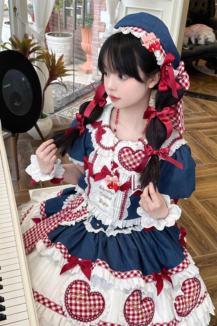 White/Blue/Red Peach Heart Lilith Ruffle Bowknot Lace Lace-Up Sweet Lolita Skirt Set