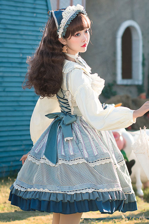 Light Blue Vintage Finches In The Mirror Print Country Style Bowknot Multi-Layer Ruffled Classic Lolita JSK Dress