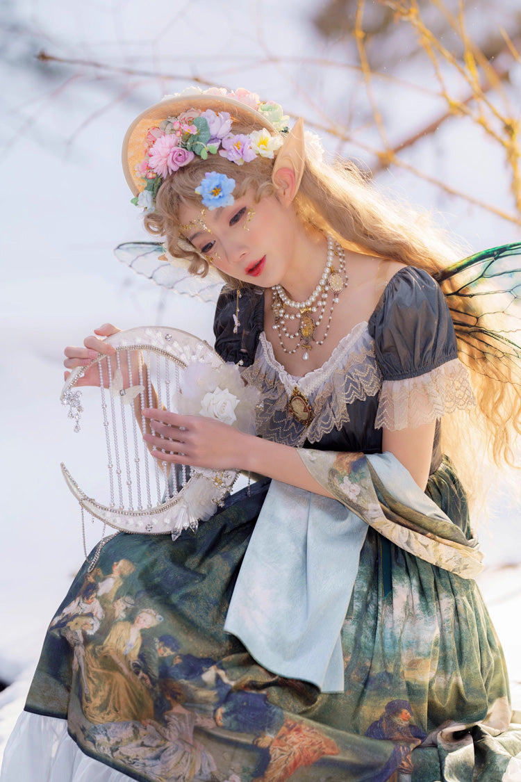 Green Short Sleeves Forest Dance Print Ruffle Sweet Elegant Lolita Dress