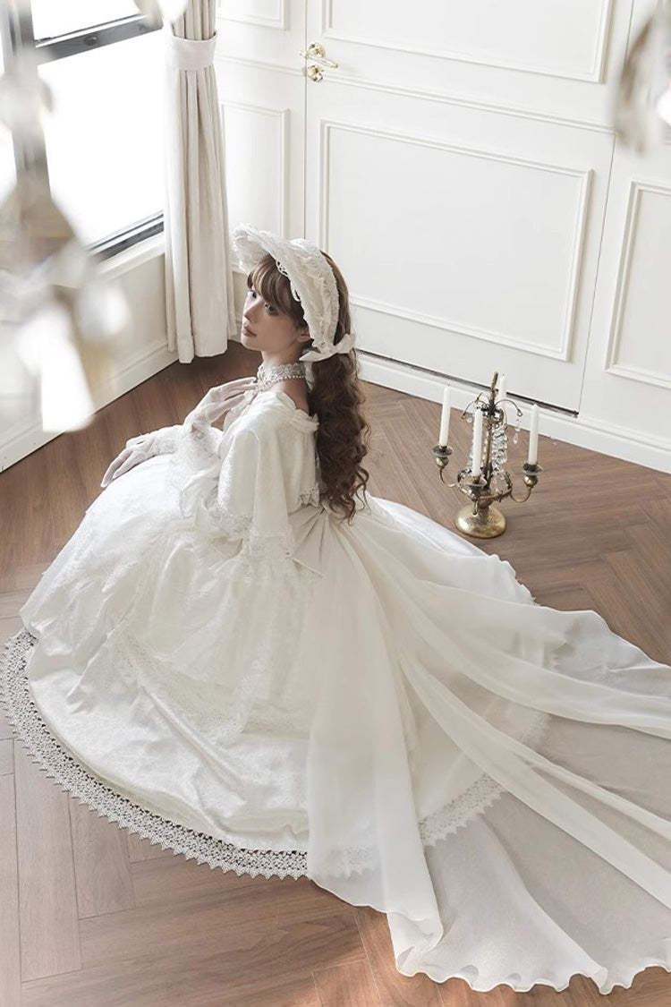 White Cherish Long Trumpet Sleeves Ruffle Hanayome Bowknot Lace-Up Sweet Lolita Dress