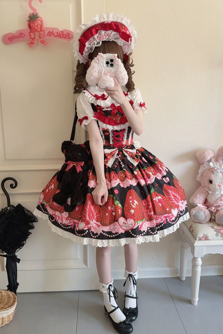 Sweet Berry Tale Strawberry Print Ruffle Bowknot Lace Sweet Lolita Jsk Dress 4 Colors