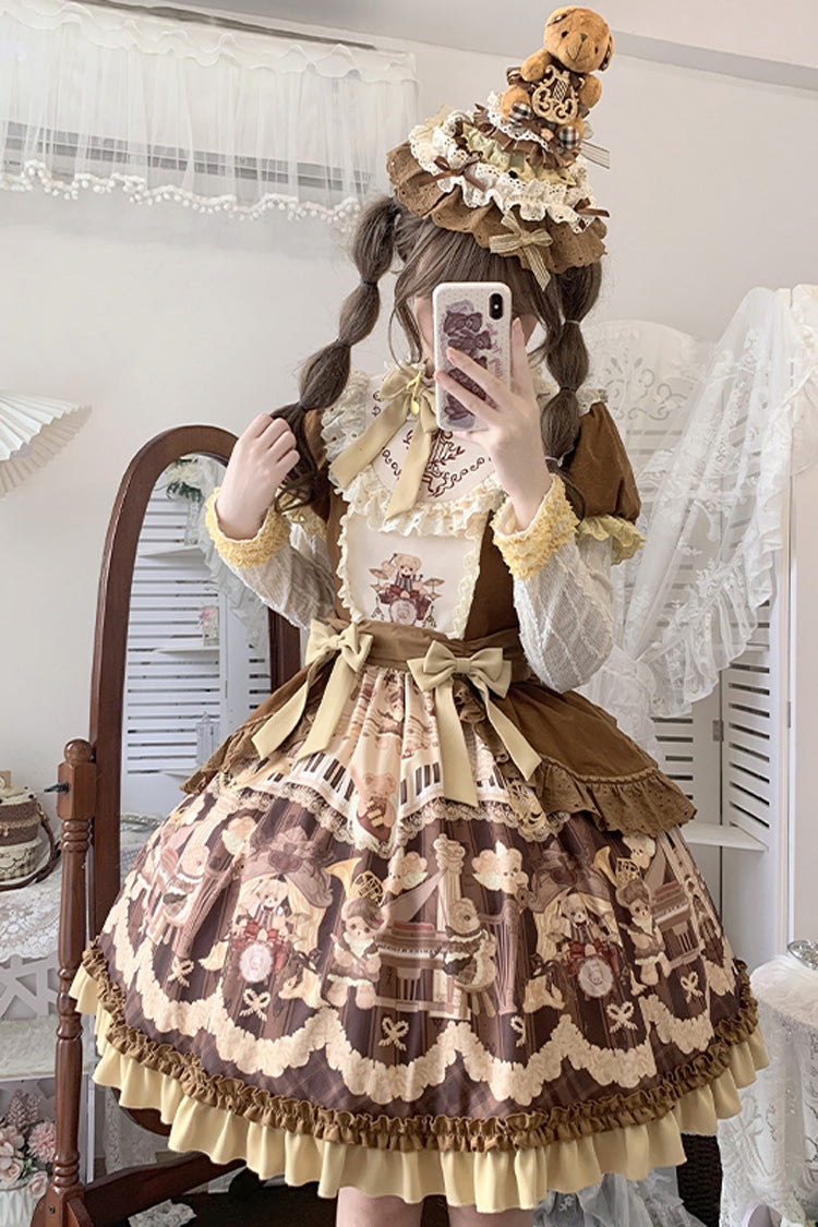 Brown Little Bear Concerto Print Ruffle Bowknot Sweet Princess Lolita Dress