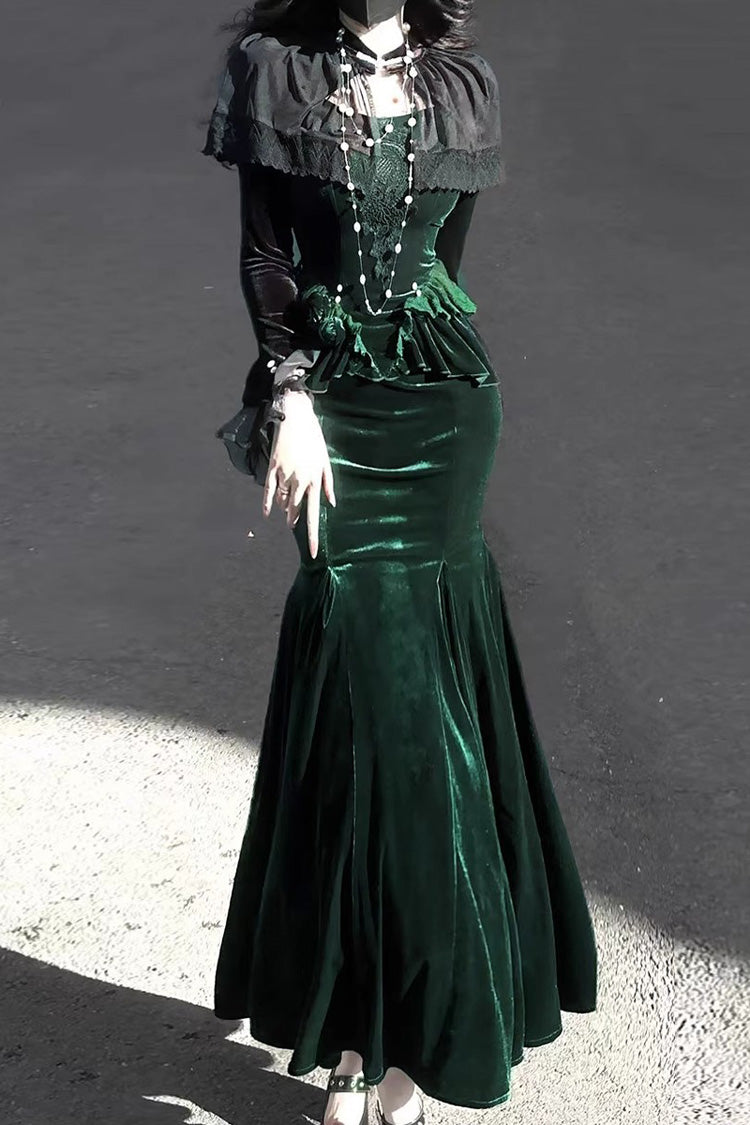 Green Dark Forest Ruffle Embroidery Slim Elegant Lolita Jsk Fishtail Dress