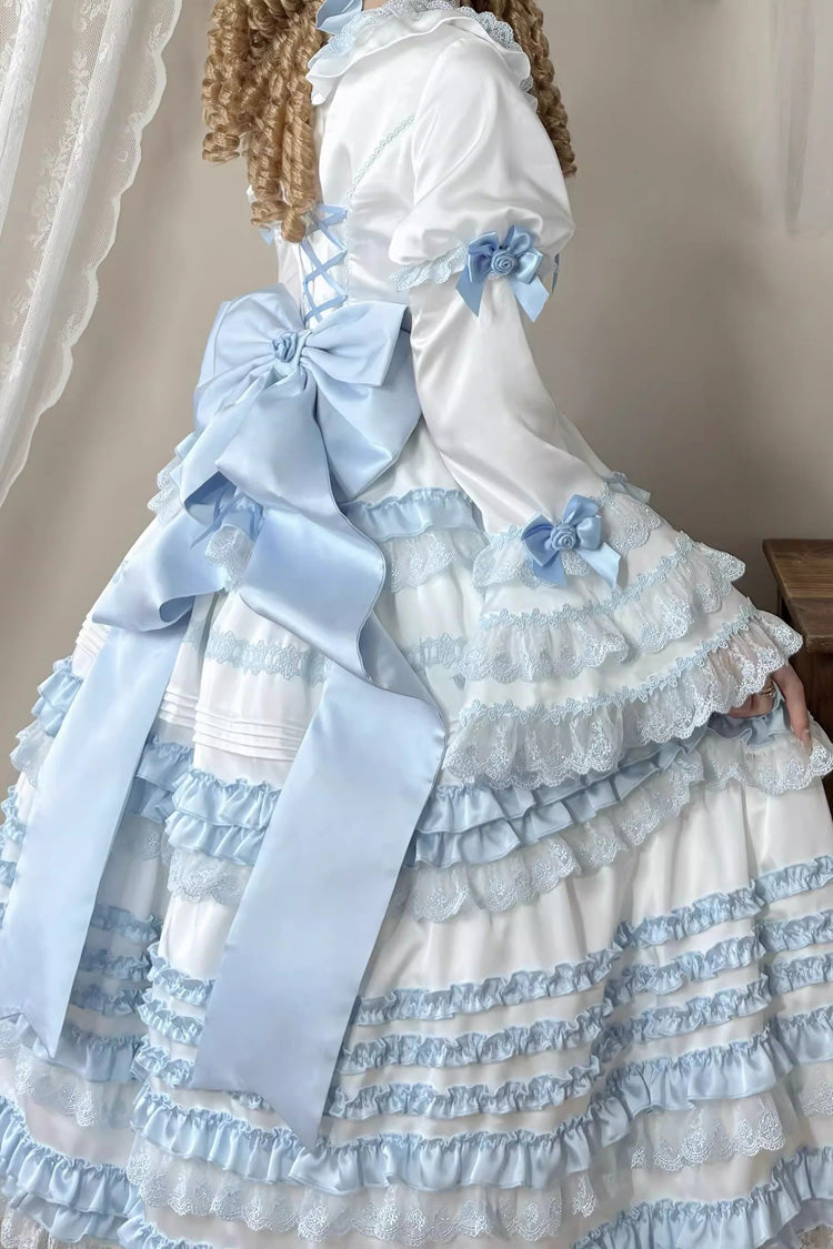 White/Blue Layered Sea Salt Ice Short Sleeves Ruffle Bowknot Lace Sweet Lolita Dress