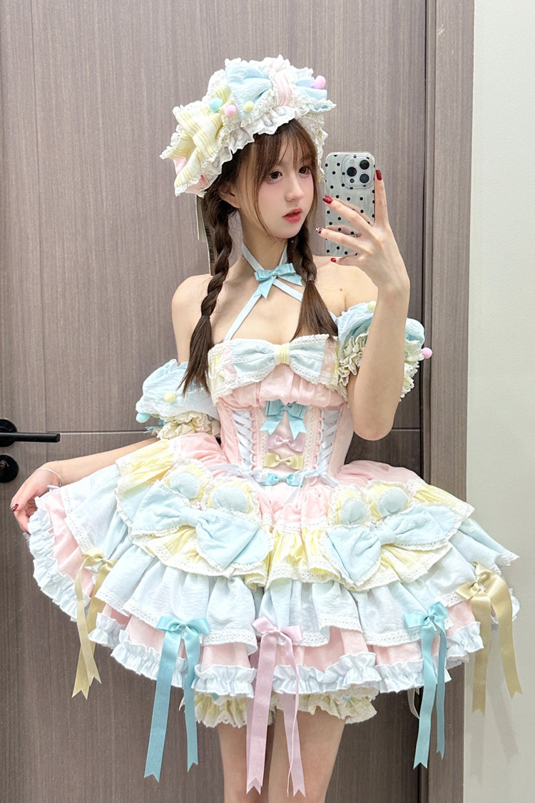 Multi-Color Ribbon Dance Multi-Layered Ruffle Bowknot Lace-Up Sweet Princess Lolita Dress