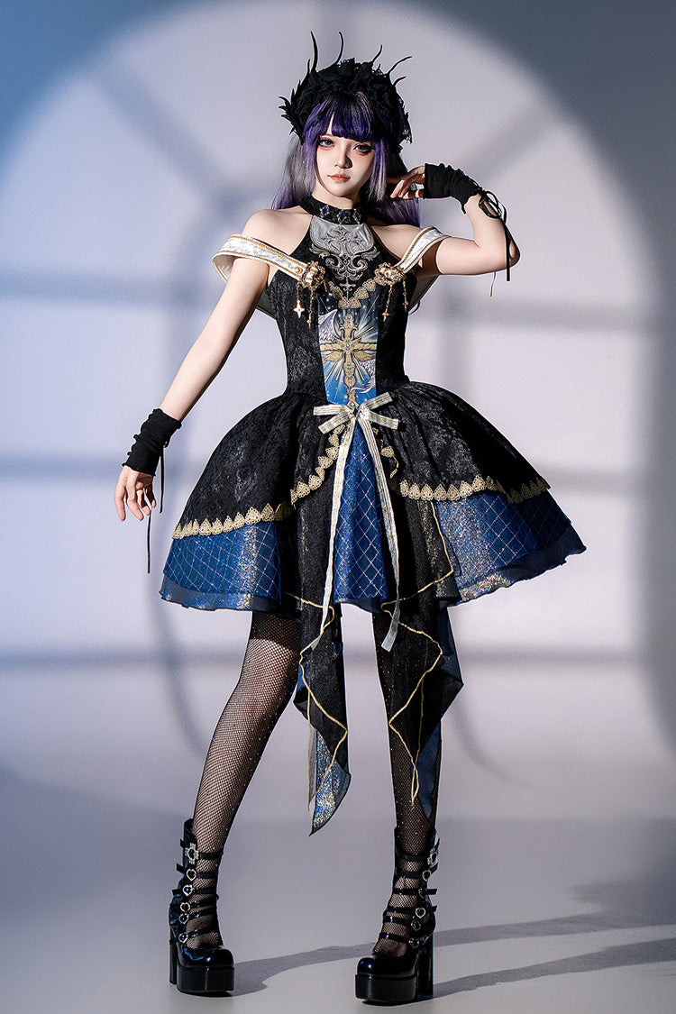Black/Blue Universe Off Shoulder Halterneck Sleeveless Print Embroidery Cardigan Gothic Princess Lolita Dress