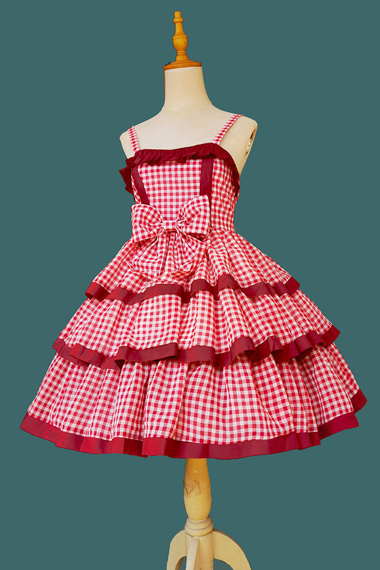 Red Cloth Cat Triple-Layered Plaid Print Ruffle Bowknot Sweet Lolita Dress