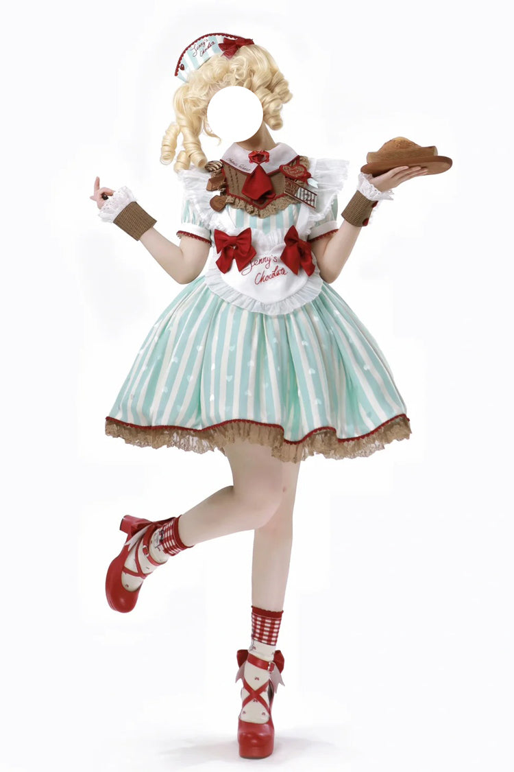 Green Jenny's Chocolate Short Sleeves Vertical Stripes Print Ruffle Bowknot Sweet Lolita Dress
