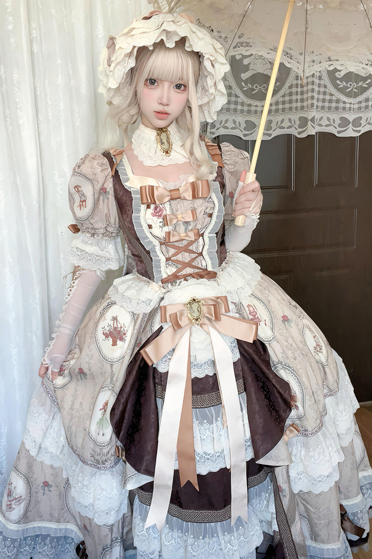 Brown Baker Street Tea Party Short Sleeves High Waisted Print Ruffle Embroidery Cardigan Bowknot Lace-Up Classic Vintage Princess Lolita Dress