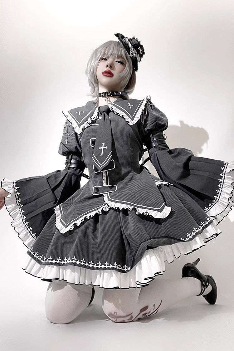 Grey Long Hime Sleeves Ruffle Embroidery Buckle Gothic Japanese Lolita Skirt Set