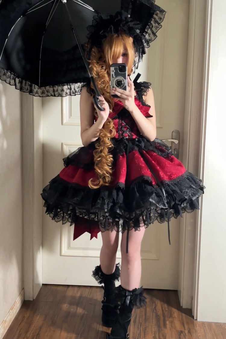 Red Fleishi Island Sleeveless Ruffle Bowknot Lace Slim Sweet Ballet Lolita Jsk Dress