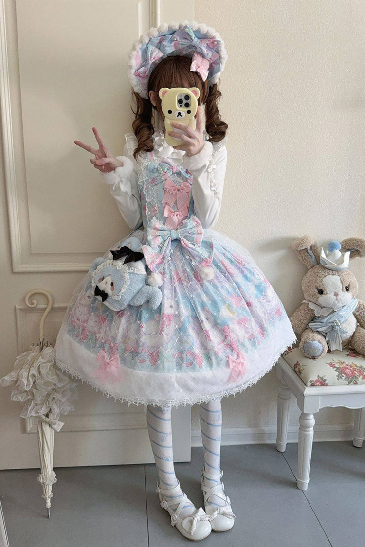 Light Blue Candy Mary Cat Printed Ruffled Embroidered Bow Lace Sweet Lolita Jsk Dress