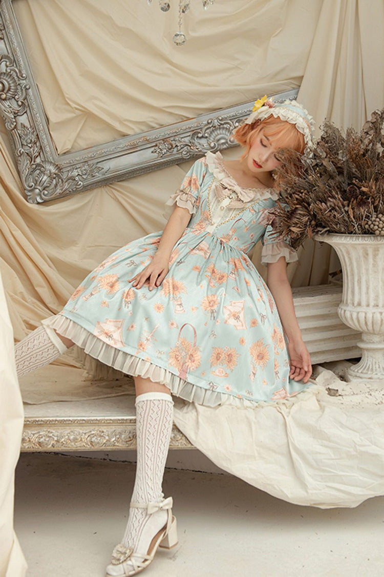 Green Miss Sunflower Short Sleeves Printed Ruffled Bow Sweet Lolita Dress
