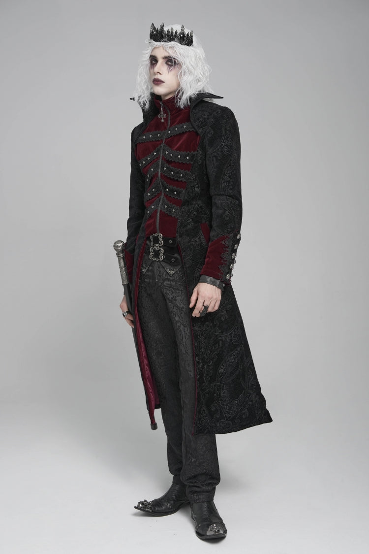 Black/Red Diamante Stand Collar Long Sleeves Printed Zippered Men's Gothic Long Coat