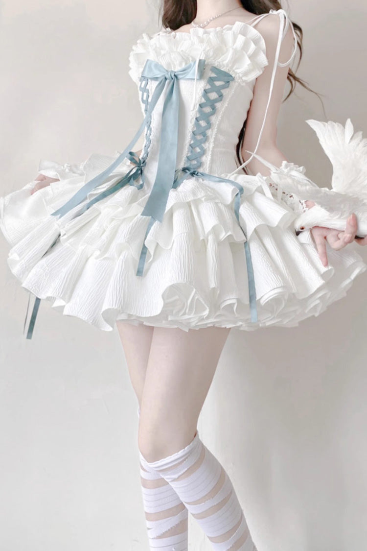 Thousand Paper Cranes Sleeveless Multi-Layered Ruffle Bowknot Lace-Up Fishbone Gothic Lolita Jsk Dress 4 Colors