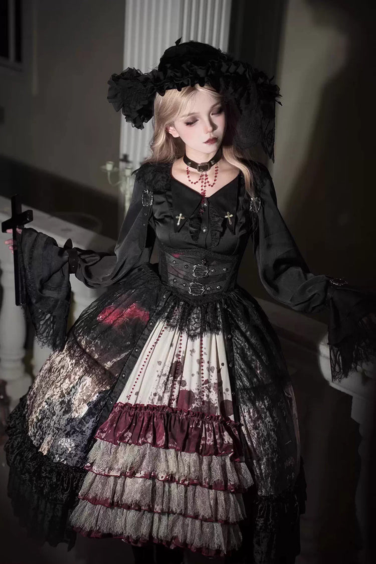 Heretical Nun Sleeveless Multi-Layered Printed Ruffled Open-Front Gothic Plus Size Lolita Strap Dress Short Version 2 Colors