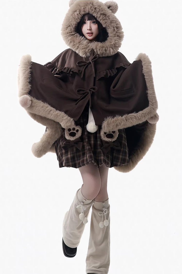 Brown Fluffy Little Bear Plaid Printed Ruffled Bow Sweet Lolita Strap Dress