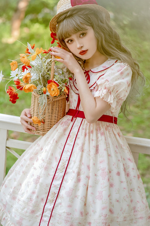 Pink Cute Bear Print Doll Collar Ruffled Short Sleeves High Waisted Sweet Lolita Dress