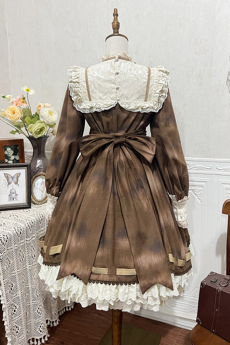Brown Chocolate Cat Print Long Sleeves Ruffle Bowknot Sweet Lolita Dress