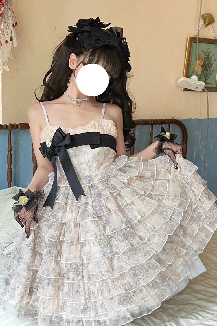 Multi-Color Wonderland Travels Multi-Layered Print Ruffle Bowknot Sweet Lolita Tiered Dress