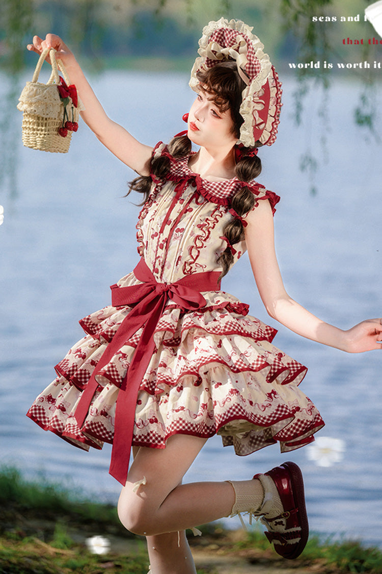 Red Triple-Layered Cherries Are Ripe Print Ruffle Sweet Lolita Skirt Set