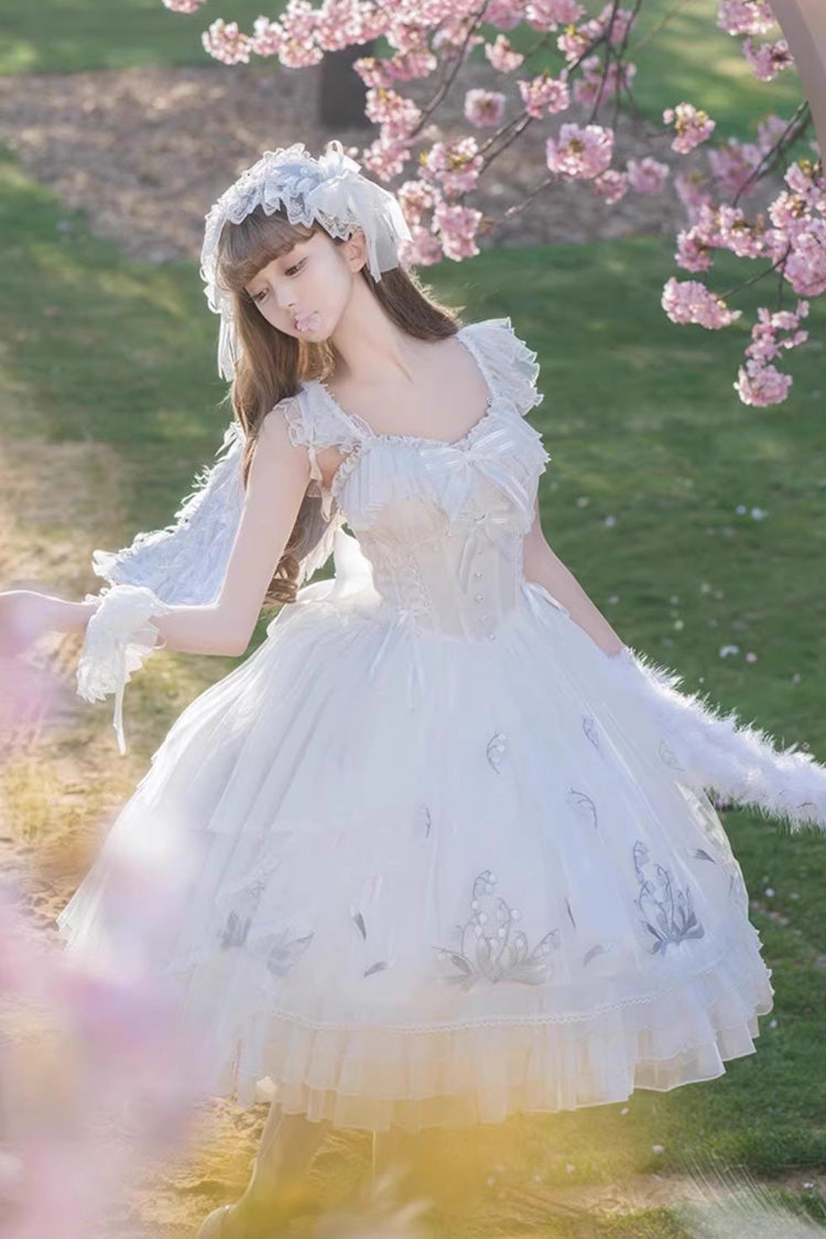 White Love Is Coming Multi-layer Ruffle Embroidery Bowknot Sweet Princess Lolita Jsk Dress