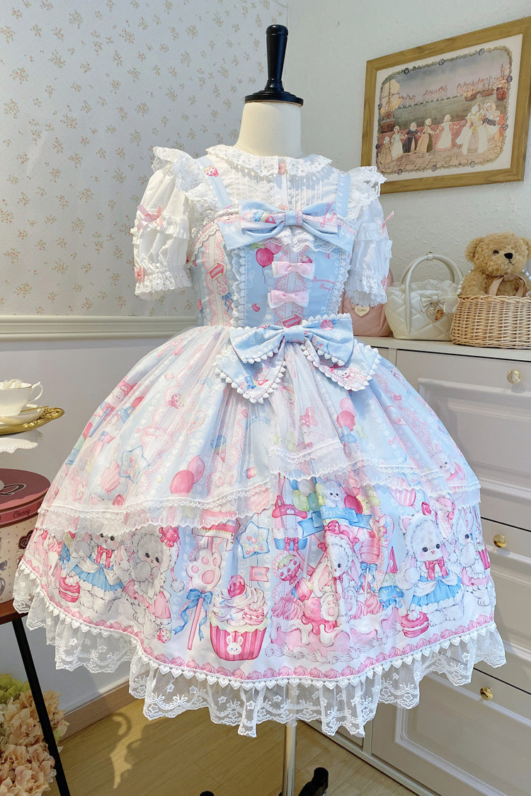Blue Cute Rabbit Sweet Cake Print Ruffle Bowknot Lace Sweet Lolita Jsk Dress