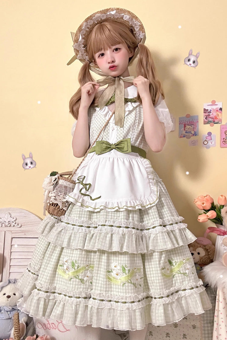 Green Doll Collar Short Sleeves Plaid Print Ruffle Hollow Embroidery Bowknot Sweet Elegant Lolita Dress