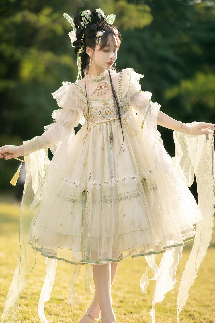 Ivory Luo Ling Fu Ruffle Embroidery Bowknot Lace Sweet Chinese Style Lolita Jsk Dress