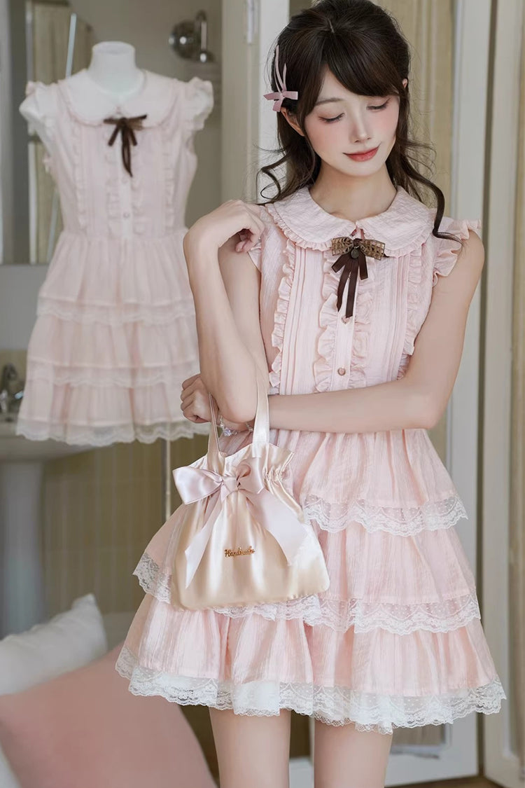 Pink Doll Collar Triple-Layered Ruffled Bow Lace Sweet Lolita Dress