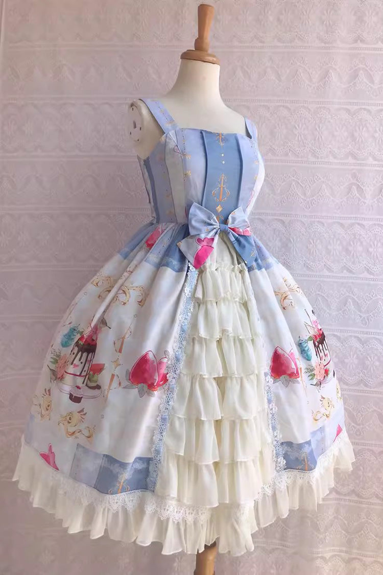 Cool Summer Dessert Print Ruffle Cardigan Bowknot Sweet Lolita Jsk Dress 3 Colors