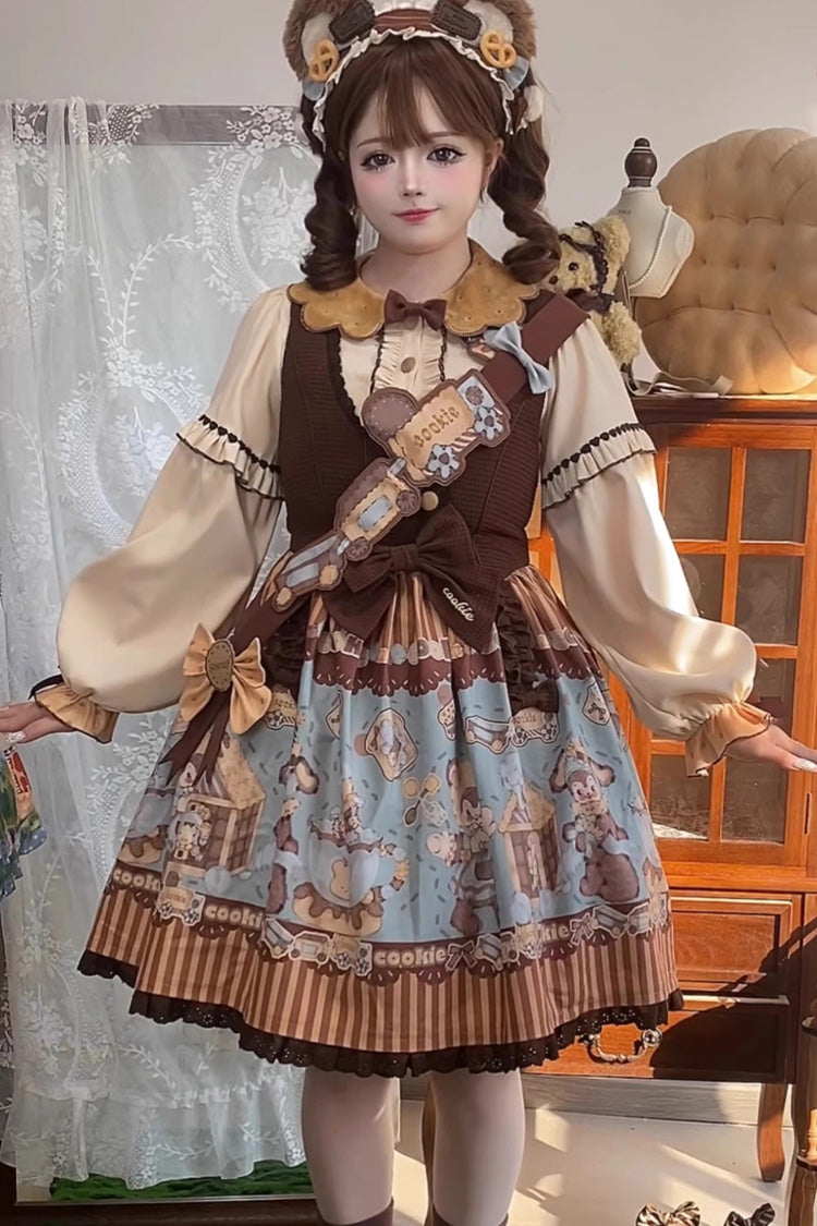 Bear Cookies Print Ruffle Bowknot Sweet Lolita JSK Dress 2 Colors