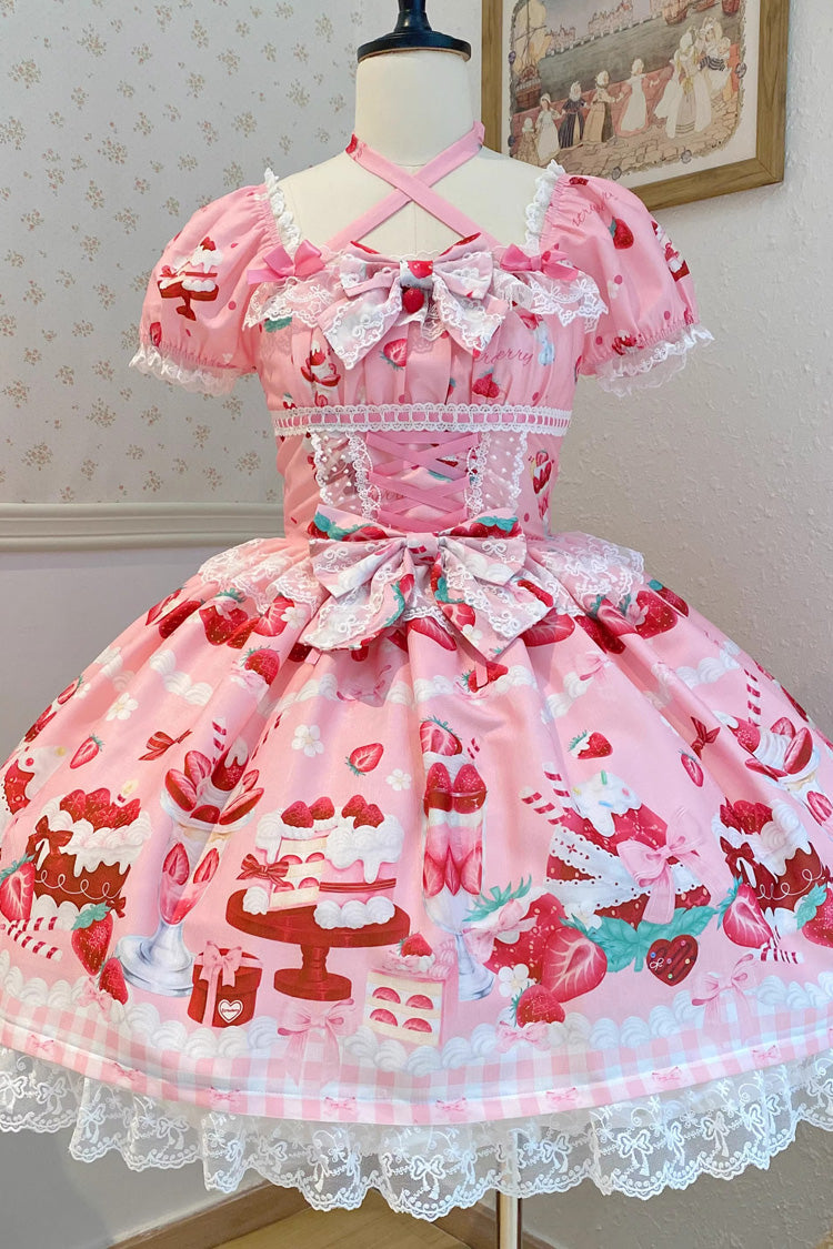 Pink Strawberry Parfait Print Short Sleeves Ruffle Bowknot Lace Lace-Up Sweet Lolita Dress