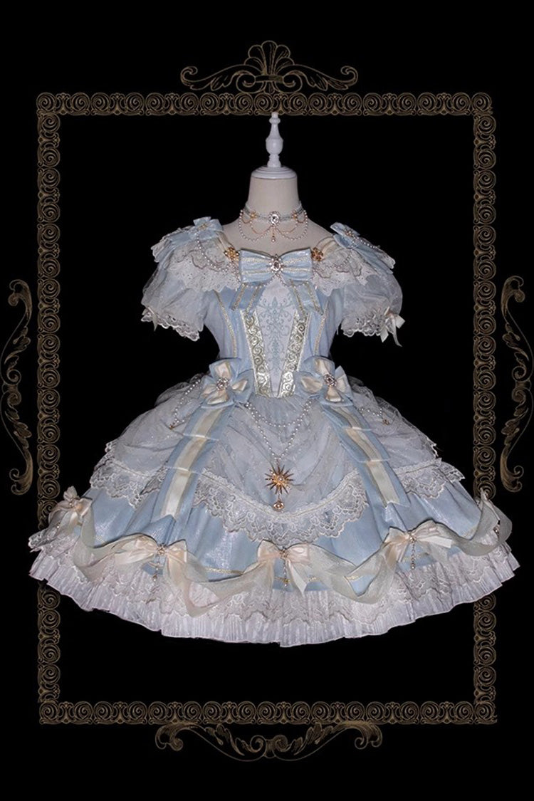 Light Blue Girls' Day Short Sleeves Multi-Layered Ruffle Bowknot Lace Sweet Lolita Dress 2 Versions