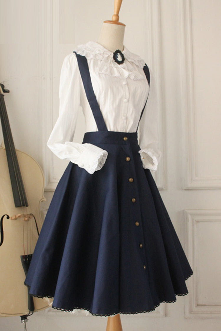 Dark Blue Vintage Single Breasted Ruffled Classic Lolita Skirt Strap Dress