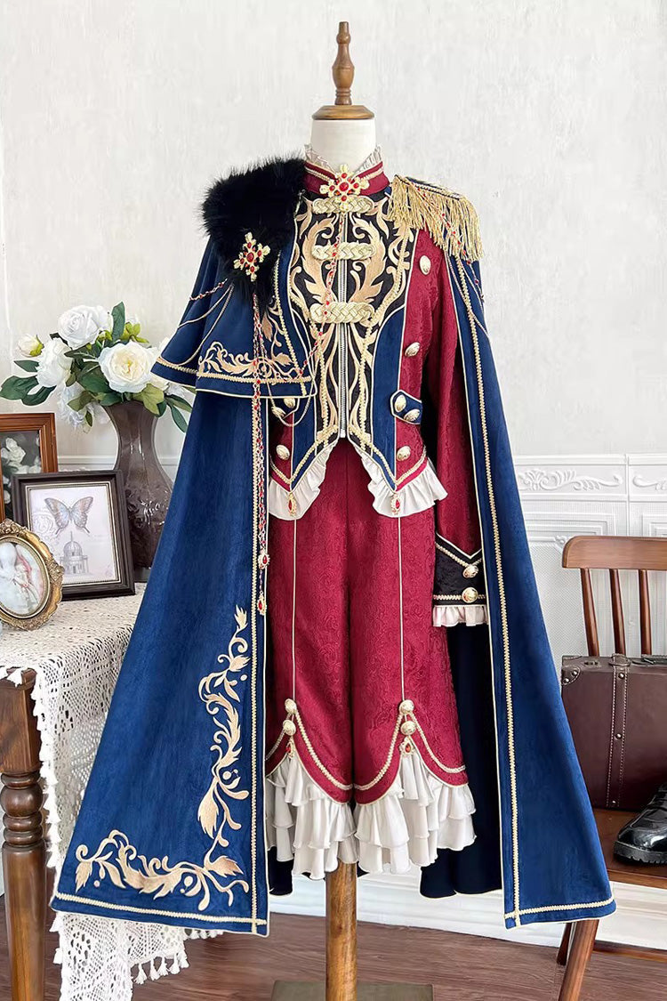 Red/Blue Royal Glory Stand Collar Long Sleeves Ruffled Embroidered Gothic Vintage Prince Palace Ouji Lolita Set