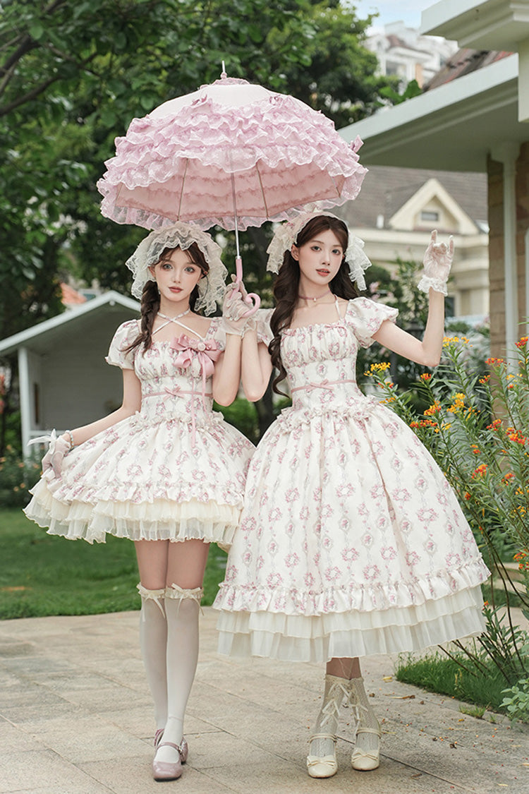 Ivory Rose After The Rain Short Sleeves Triple-Layered Print Ruffle Bowknot Lace-Up Sweet Lolita Long Dress