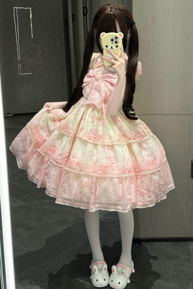 Pink Print Embroidery Bowknot Lace Sweet Princess Lolita Jsk Dress