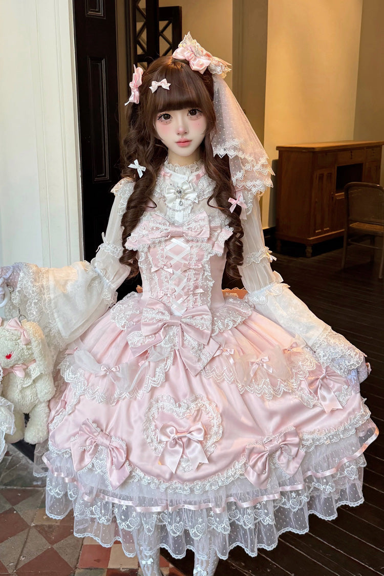Pink Sweetheart Sleeveless Multi-Layered Embroidered Bow Lace Lace-Up Sweet Lolita Jsk Dress