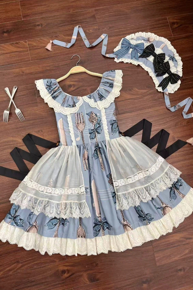 Blue The Witch's Banquet Sleeveless Printed Ruffled Embroidered Bow Lace Sweet Lolita Jsk Dress