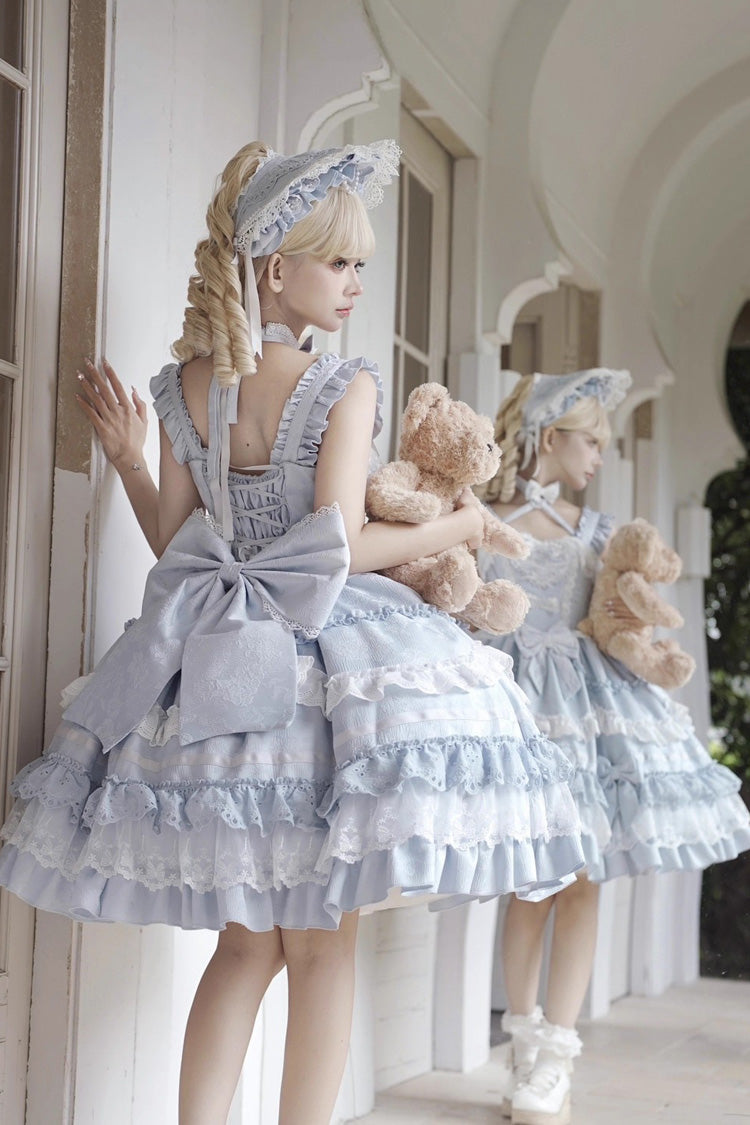Blue Super Cute Belia Sleeveless Triple-Layered Ruffle Bowknot Lace Sweet Elegant Lolita Jsk Dress