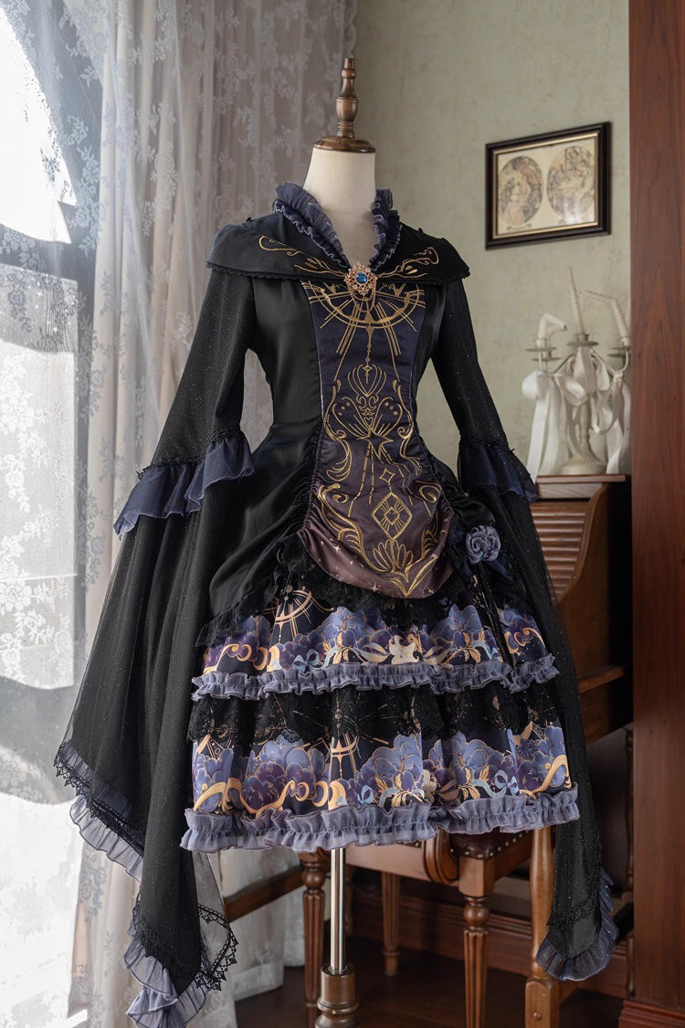 Black Astrology Cat Long Sleeves Double-Layered Print Ruffle Lace Gothic Lolita Dress