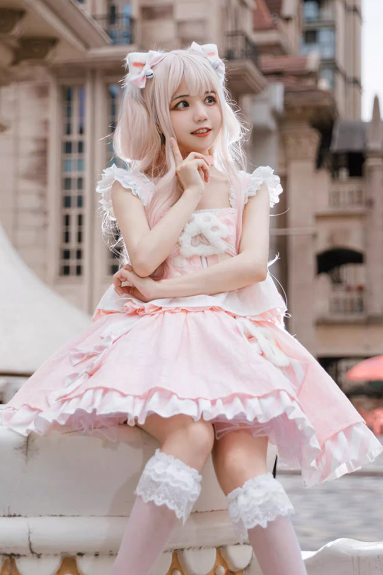 Pink Miss Meow Print Ruffle Bowknot Sweet Lolita Skirt Set