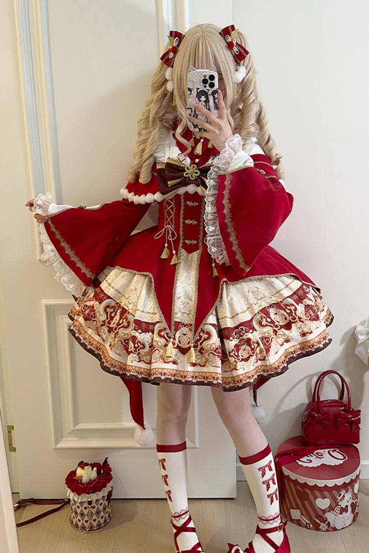 Red New Year Print Ruffle Bowknot Lace-Up Sweet Chinese Style Lolita Jsk Dress
