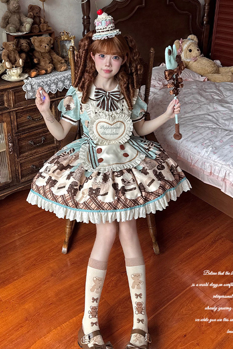 Brown Peppermint Chocolate Chocolate Cake Bear Print Ruffle Bowknot Lace-Up Sweet Lolita Dress